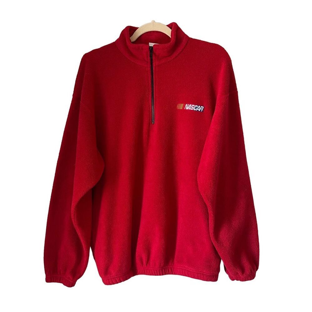 Vintage 90s NASCAR Red Fleece 1/4 Zip Pullover Sweater Size Medium